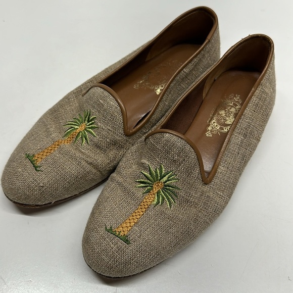 Erica Wilson Needlepoint Shoes Slip On Loafers Shoe Palm Tree Tan Green Size 8 - Picture 5 of 11